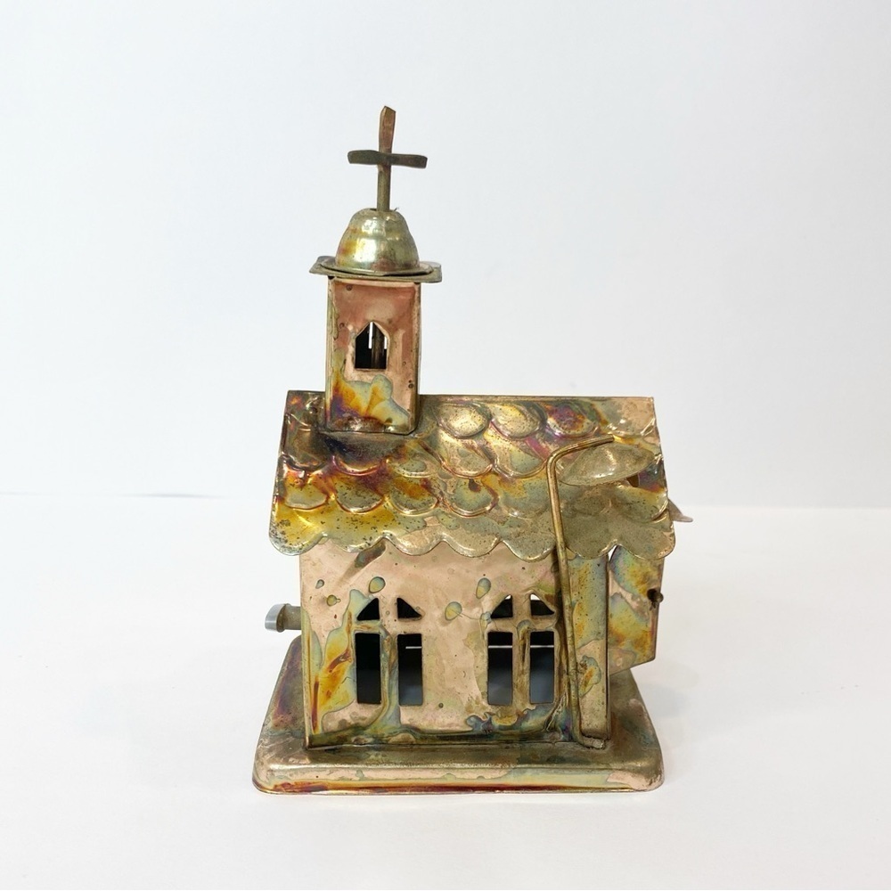 Vintage Copper Color Tin Wind Up Church Music Box Plays Amazing Grace Holidays
